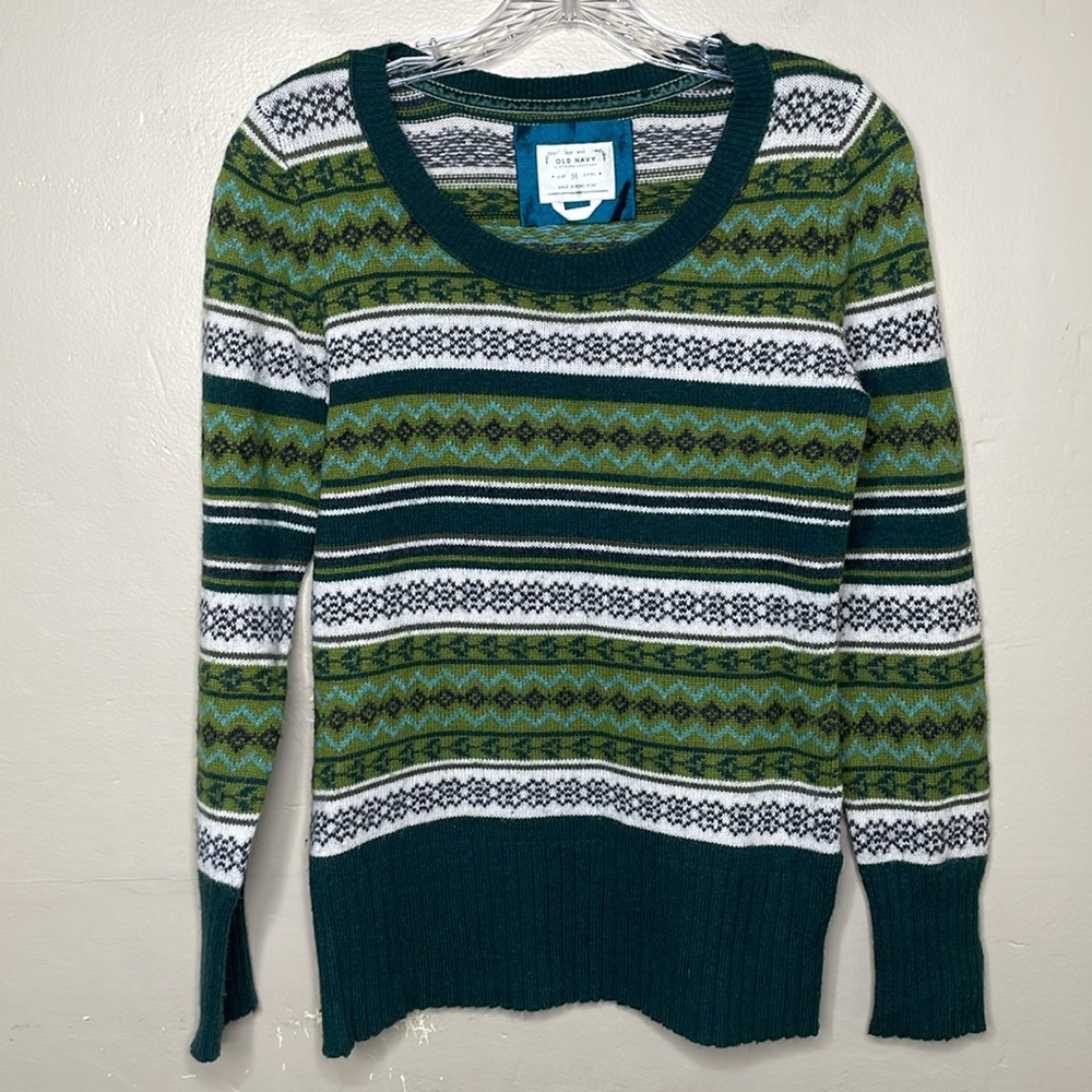 OLD NAVY Sweater Green & White LAMBSWOOL Blend Fair Isle Scoop Neck Fitted Med